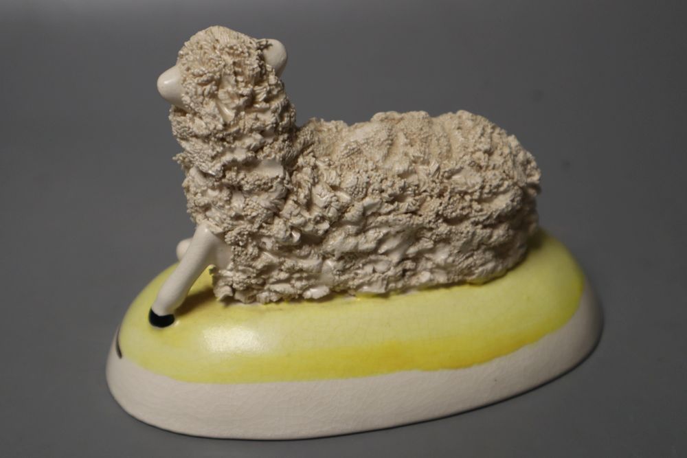 A humorous group of five cats having Five oclock Tea and a pottery sheep group, 9cm